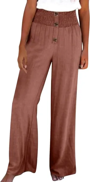 YRAETENM Women Linen Palazzo Pants Summer High Elastic Waisted Wide Leg Pants Casual Lounge Pants Beach Vacation Trousers