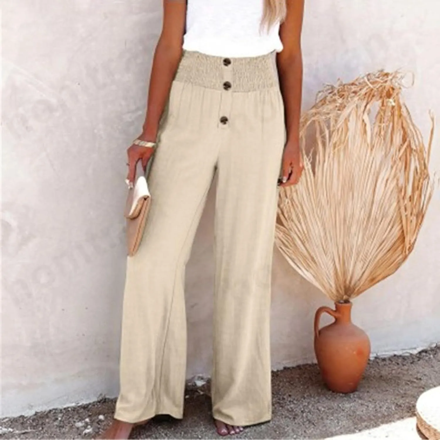 YRAETENM Women Linen Palazzo Pants Summer High Elastic Waisted Wide Leg Pants Casual Lounge Pants Beach Vacation Trousers