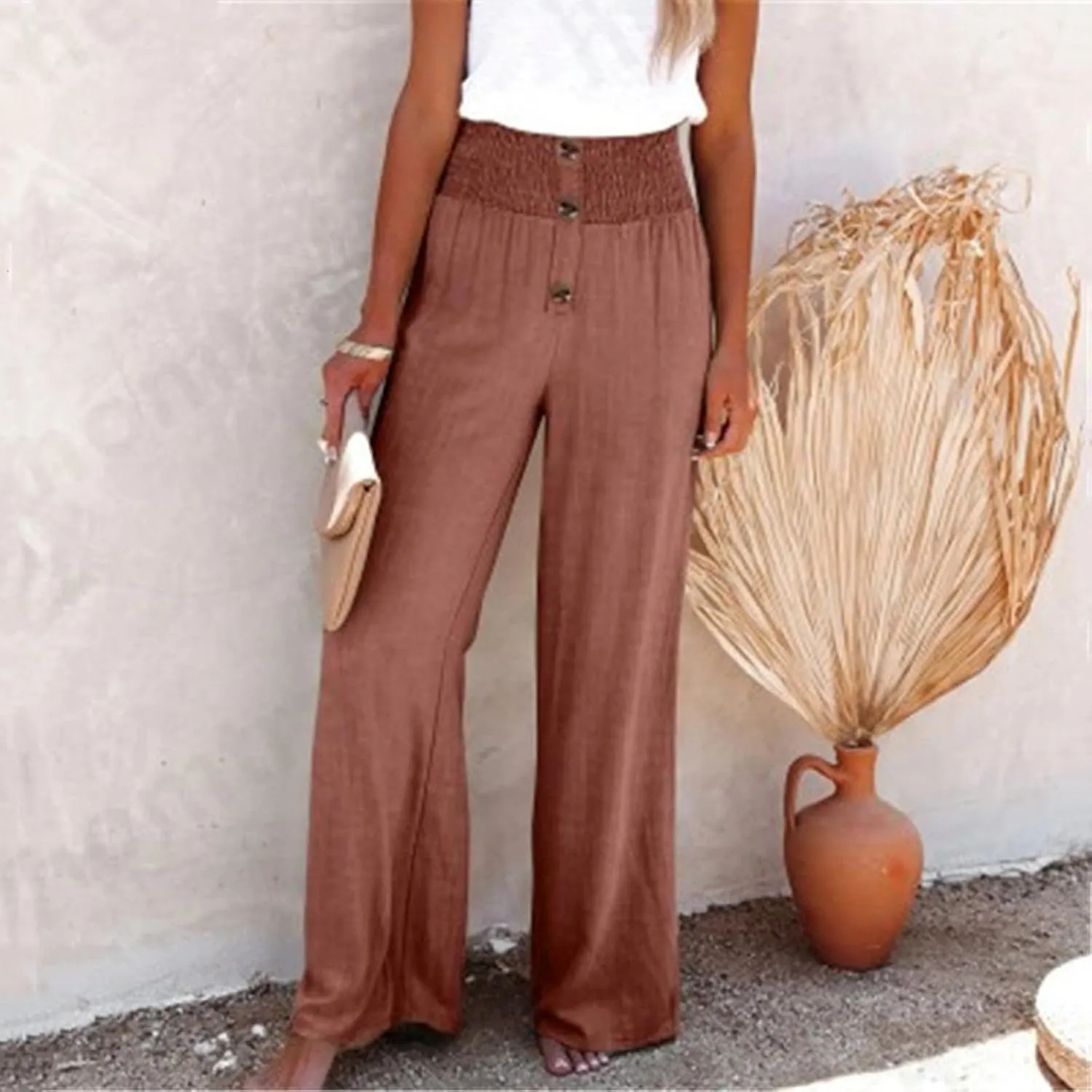YRAETENM Women Linen Palazzo Pants Summer High Elastic Waisted Wide Leg Pants Casual Lounge Pants Beach Vacation Trousers
