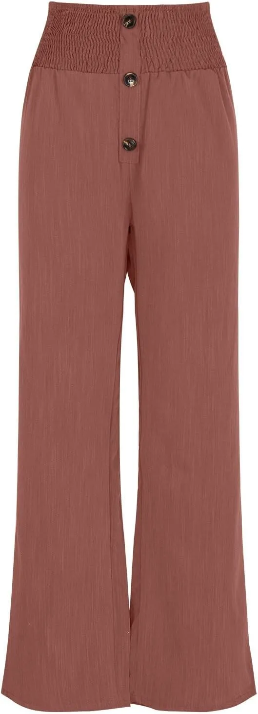 YRAETENM Women Linen Palazzo Pants Summer High Elastic Waisted Wide Leg Pants Casual Lounge Pants Beach Vacation Trousers