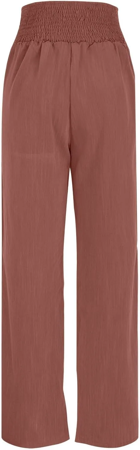 YRAETENM Women Linen Palazzo Pants Summer High Elastic Waisted Wide Leg Pants Casual Lounge Pants Beach Vacation Trousers