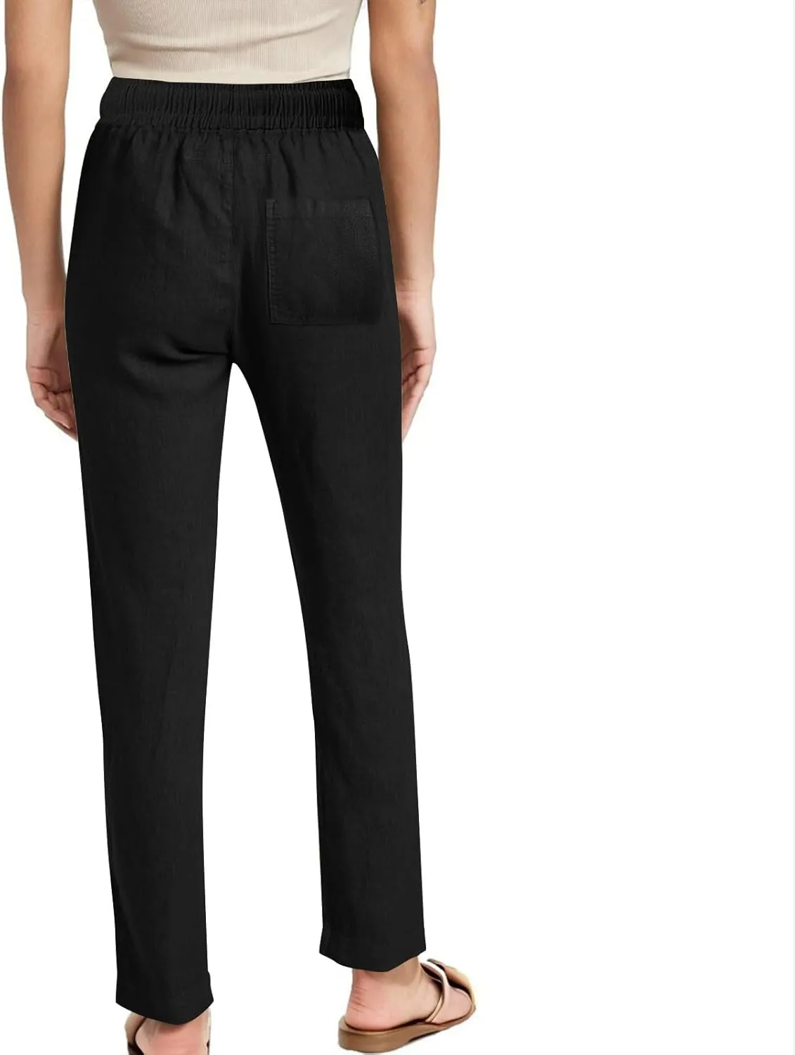 YRAETENM Womens Casual Linen High Waist Pants Drawstring Loose Fit Summer Beach Pants Lounge Trousers with Side Pockets