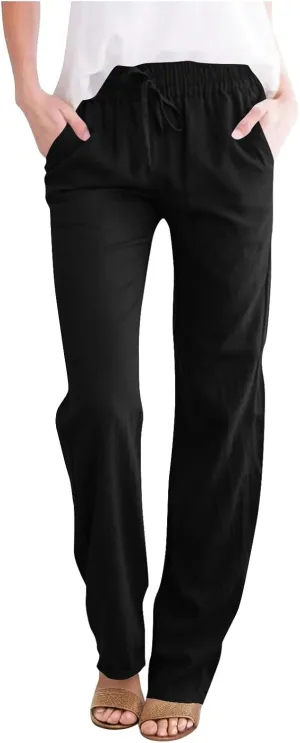 YRAETENM Womens Casual Linen High Waist Pants Drawstring Loose Fit Summer Beach Pants Lounge Trousers with Side Pockets
