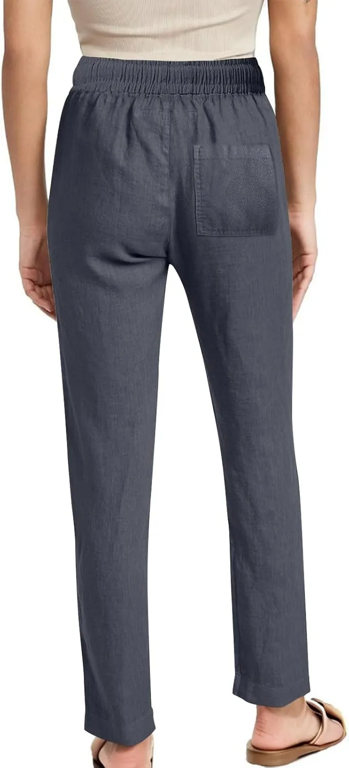 YRAETENM Womens Casual Linen High Waist Pants Drawstring Loose Fit Summer Beach Pants Lounge Trousers with Side Pockets