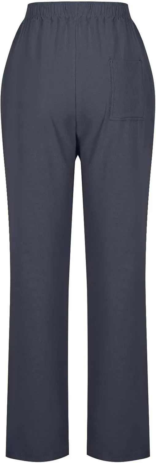 YRAETENM Womens Casual Linen High Waist Pants Drawstring Loose Fit Summer Beach Pants Lounge Trousers with Side Pockets