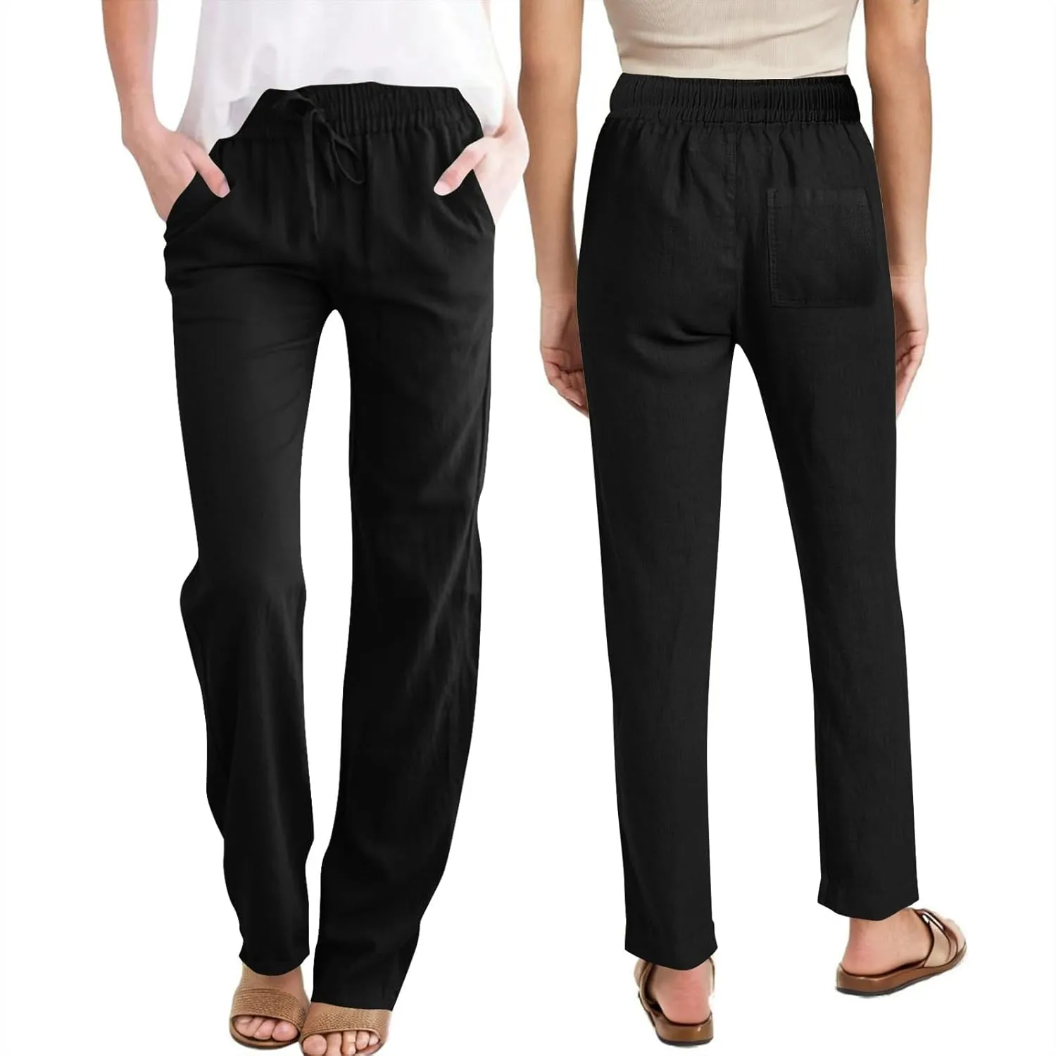 YRAETENM Womens Casual Linen High Waist Pants Drawstring Loose Fit Summer Beach Pants Lounge Trousers with Side Pockets
