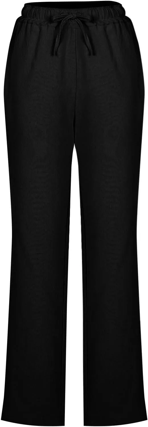 YRAETENM Womens Casual Linen High Waist Pants Drawstring Loose Fit Summer Beach Pants Lounge Trousers with Side Pockets
