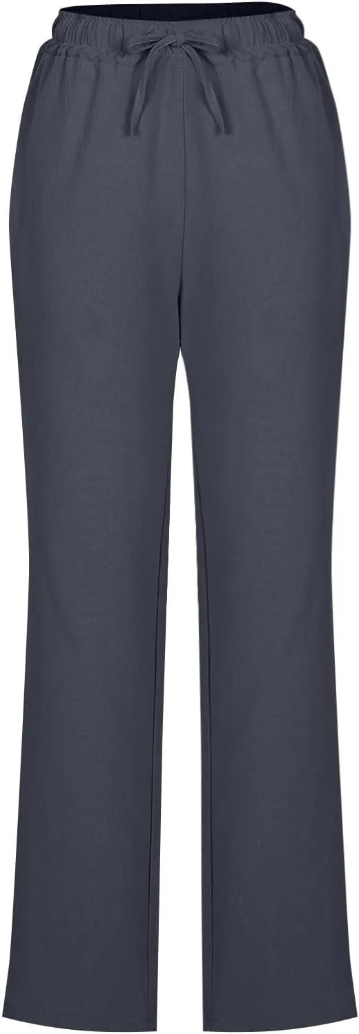 YRAETENM Womens Casual Linen High Waist Pants Drawstring Loose Fit Summer Beach Pants Lounge Trousers with Side Pockets