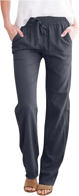 YRAETENM Womens Casual Linen High Waist Pants Drawstring Loose Fit Summer Beach Pants Lounge Trousers with Side Pockets