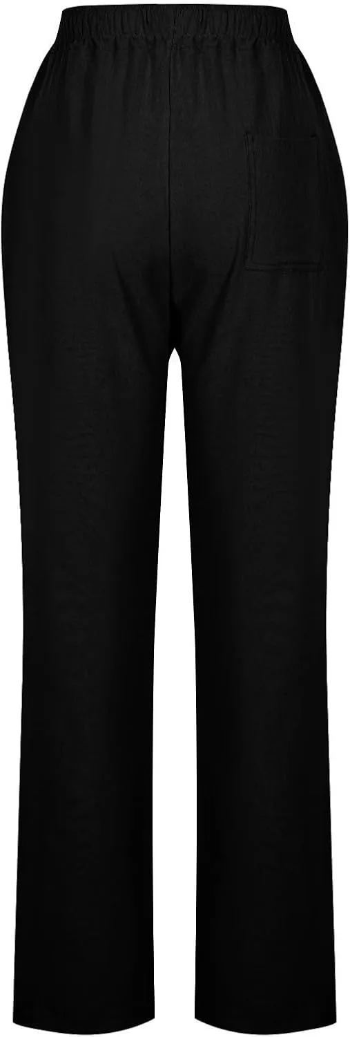 YRAETENM Womens Casual Linen High Waist Pants Drawstring Loose Fit Summer Beach Pants Lounge Trousers with Side Pockets