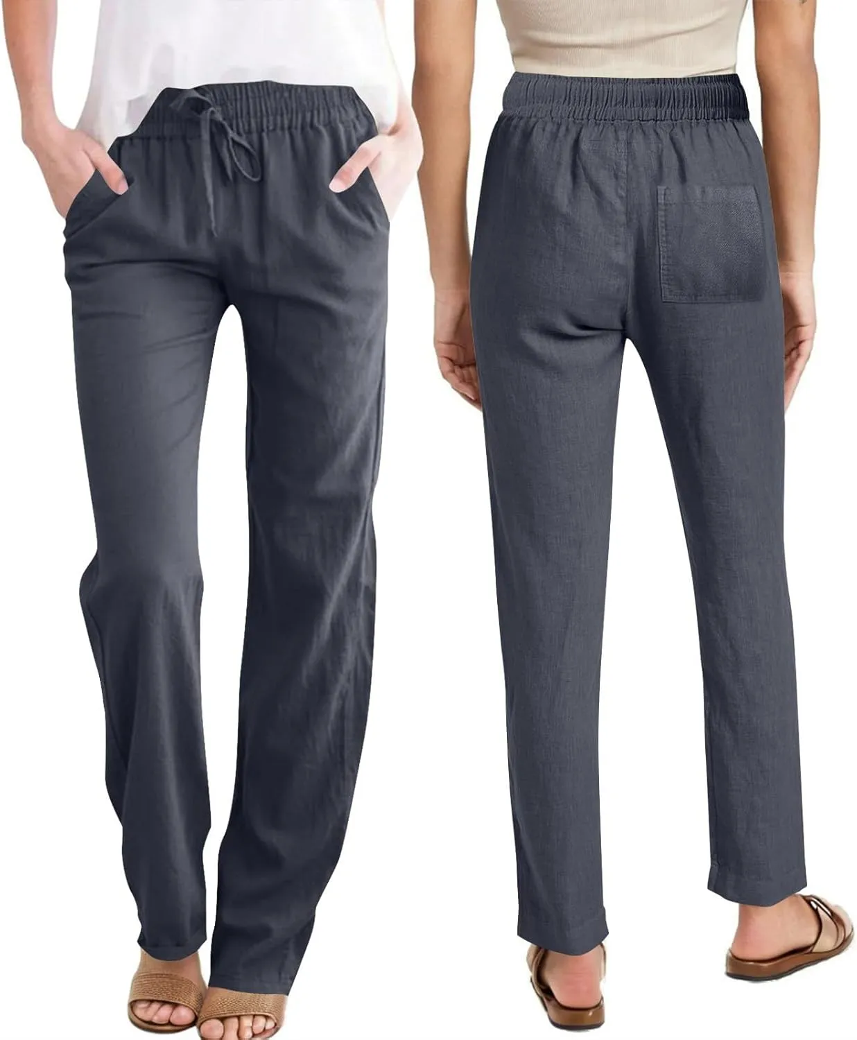 YRAETENM Womens Casual Linen High Waist Pants Drawstring Loose Fit Summer Beach Pants Lounge Trousers with Side Pockets
