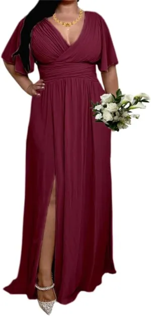 YRGERATON Flutter Sleeves Wedding Bridesmaid Dresses with Slit Chiffon Formal Evening Prom Party Gown for Juniors J184