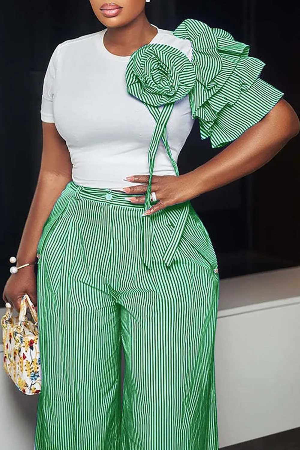 Yuopeid Women's 3D Flower Short Sleeve Top and Pleated Wide Leg Pant Set Tracksuit Striped 2 Piece Office Lounge Outfit