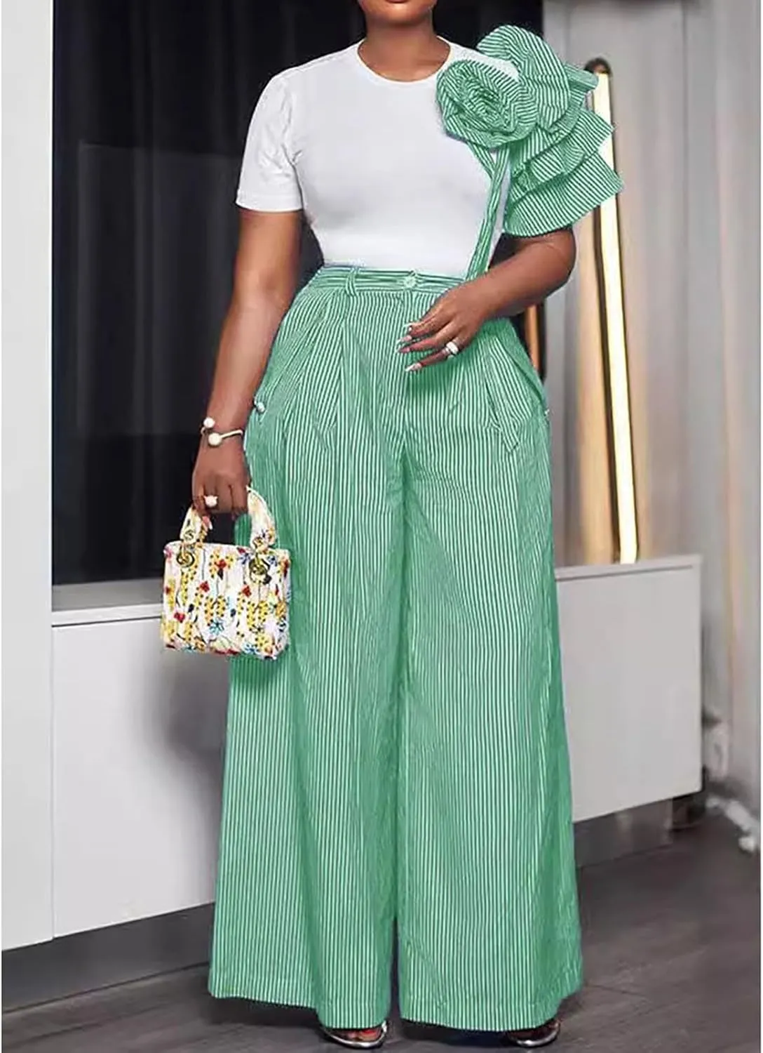 Yuopeid Women's 3D Flower Short Sleeve Top and Pleated Wide Leg Pant Set Tracksuit Striped 2 Piece Office Lounge Outfit