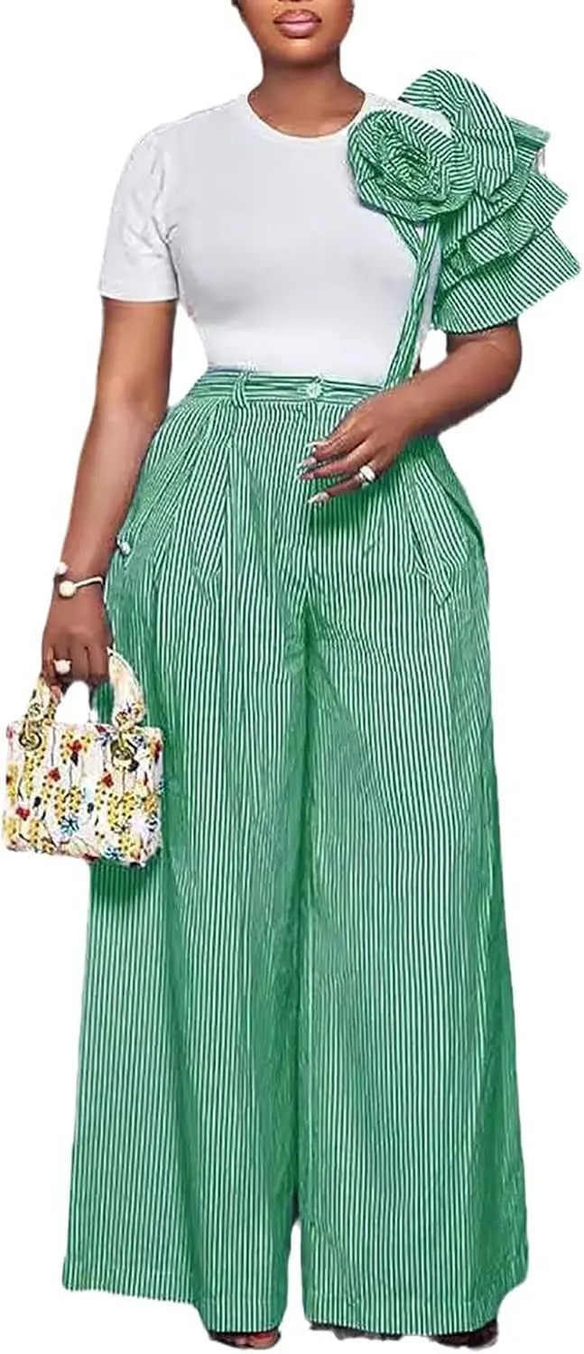 Yuopeid Women's 3D Flower Short Sleeve Top and Pleated Wide Leg Pant Set Tracksuit Striped 2 Piece Office Lounge Outfit