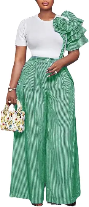 Yuopeid Women's 3D Flower Short Sleeve Top and Pleated Wide Leg Pant Set Tracksuit Striped 2 Piece Office Lounge Outfit