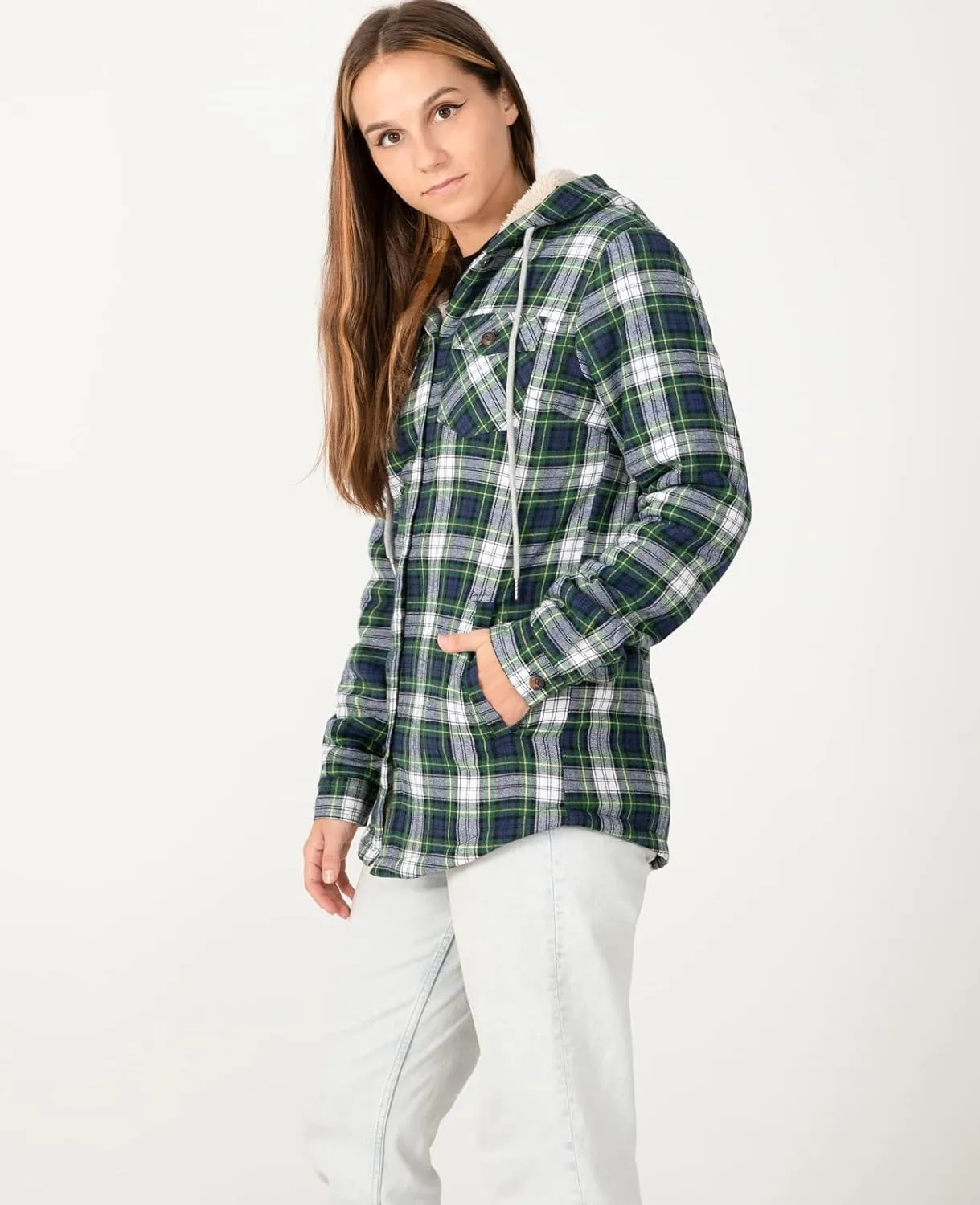ZENTHACE Women's Sherpa Lined Plaid Flannel Jacket Button Down Hooded Flannel Shirt Jacket Warm Shacket(All Sherpa Lining)