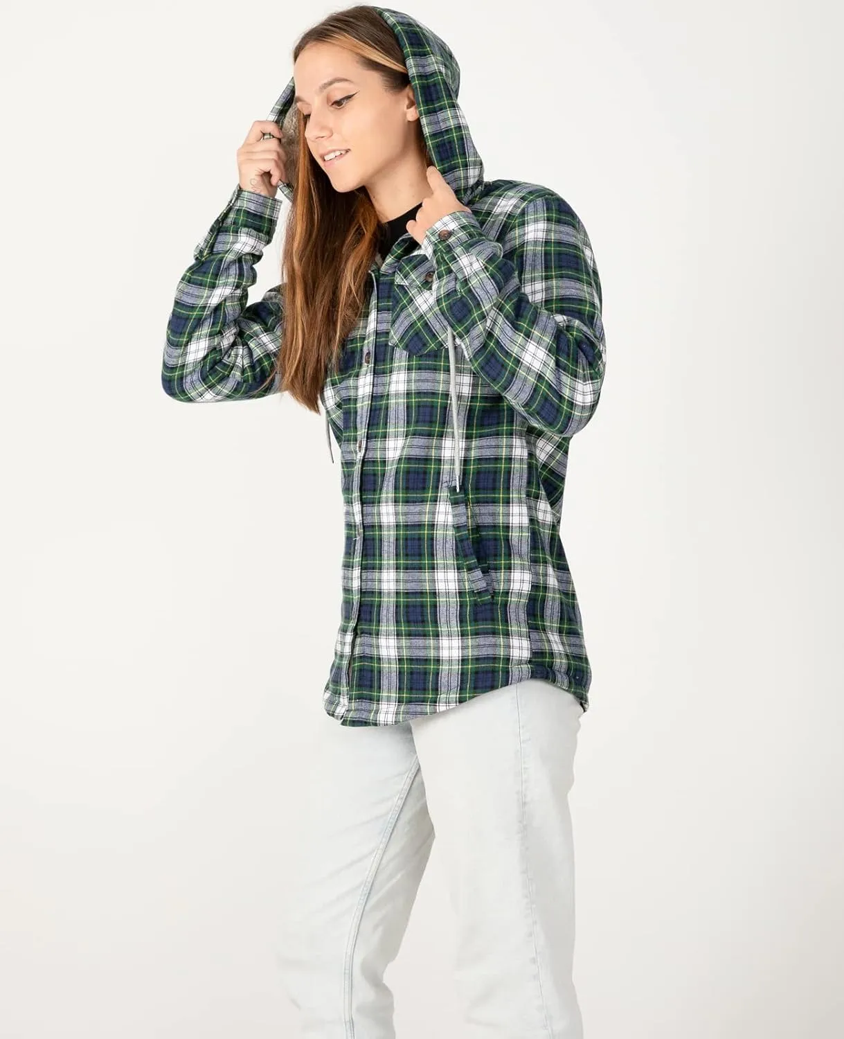 ZENTHACE Women's Sherpa Lined Plaid Flannel Jacket Button Down Hooded Flannel Shirt Jacket Warm Shacket(All Sherpa Lining)