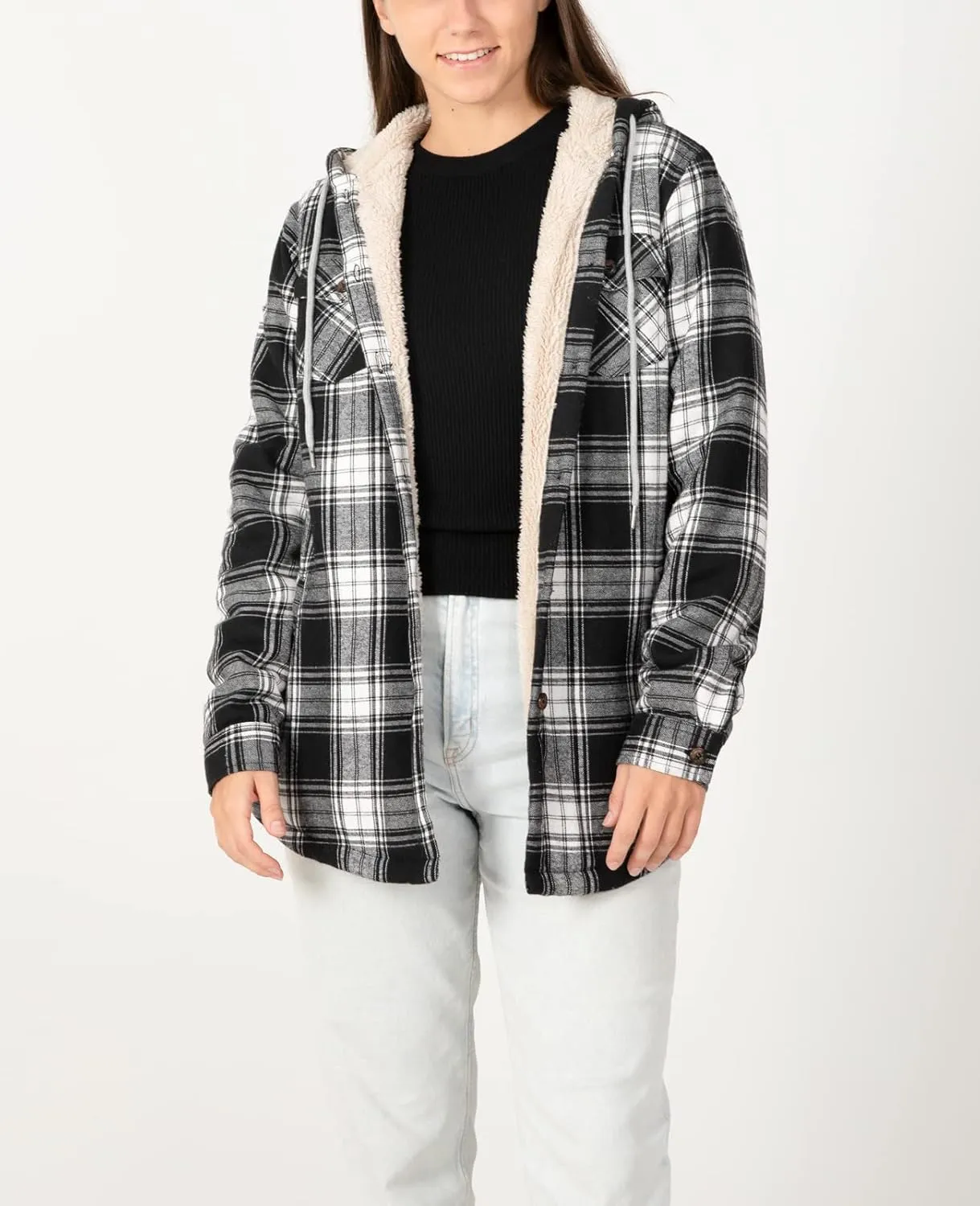 ZENTHACE Women's Sherpa Lined Plaid Flannel Jacket Button Down Hooded Flannel Shirt Jacket Warm Shacket(All Sherpa Lining)