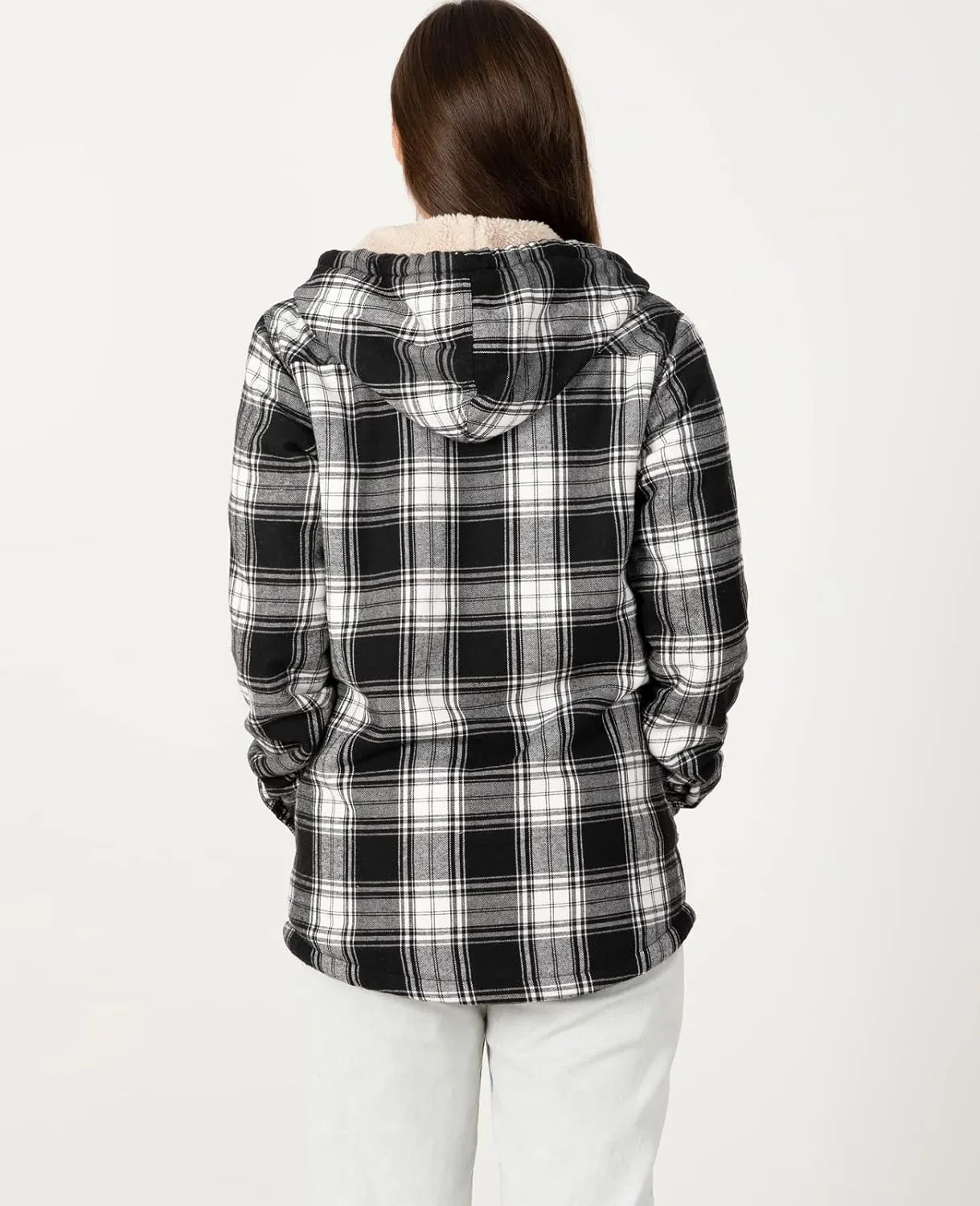ZENTHACE Women's Sherpa Lined Plaid Flannel Jacket Button Down Hooded Flannel Shirt Jacket Warm Shacket(All Sherpa Lining)
