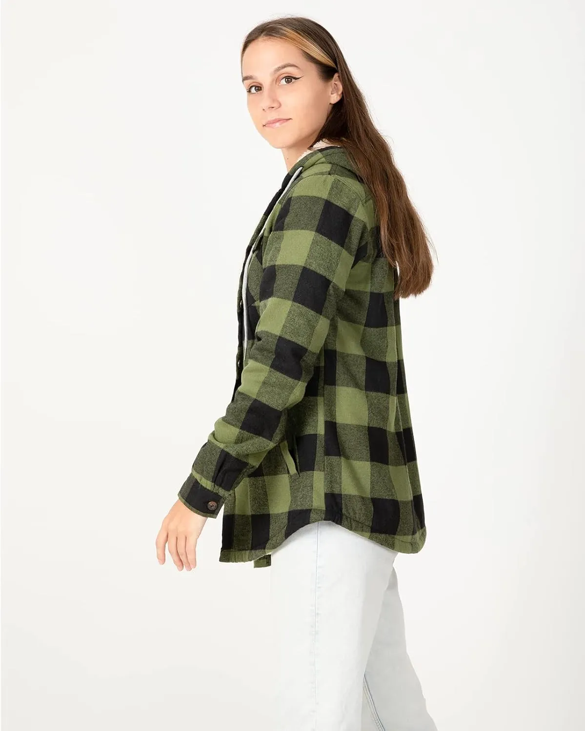 ZENTHACE Women's Sherpa Lined Plaid Flannel Jacket Button Down Hooded Flannel Shirt Jacket Warm Shacket(All Sherpa Lining)