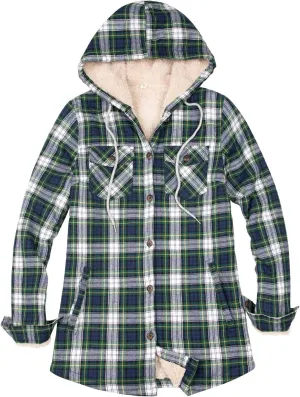 ZENTHACE Women's Sherpa Lined Plaid Flannel Jacket Button Down Hooded Flannel Shirt Jacket Warm Shacket(All Sherpa Lining)