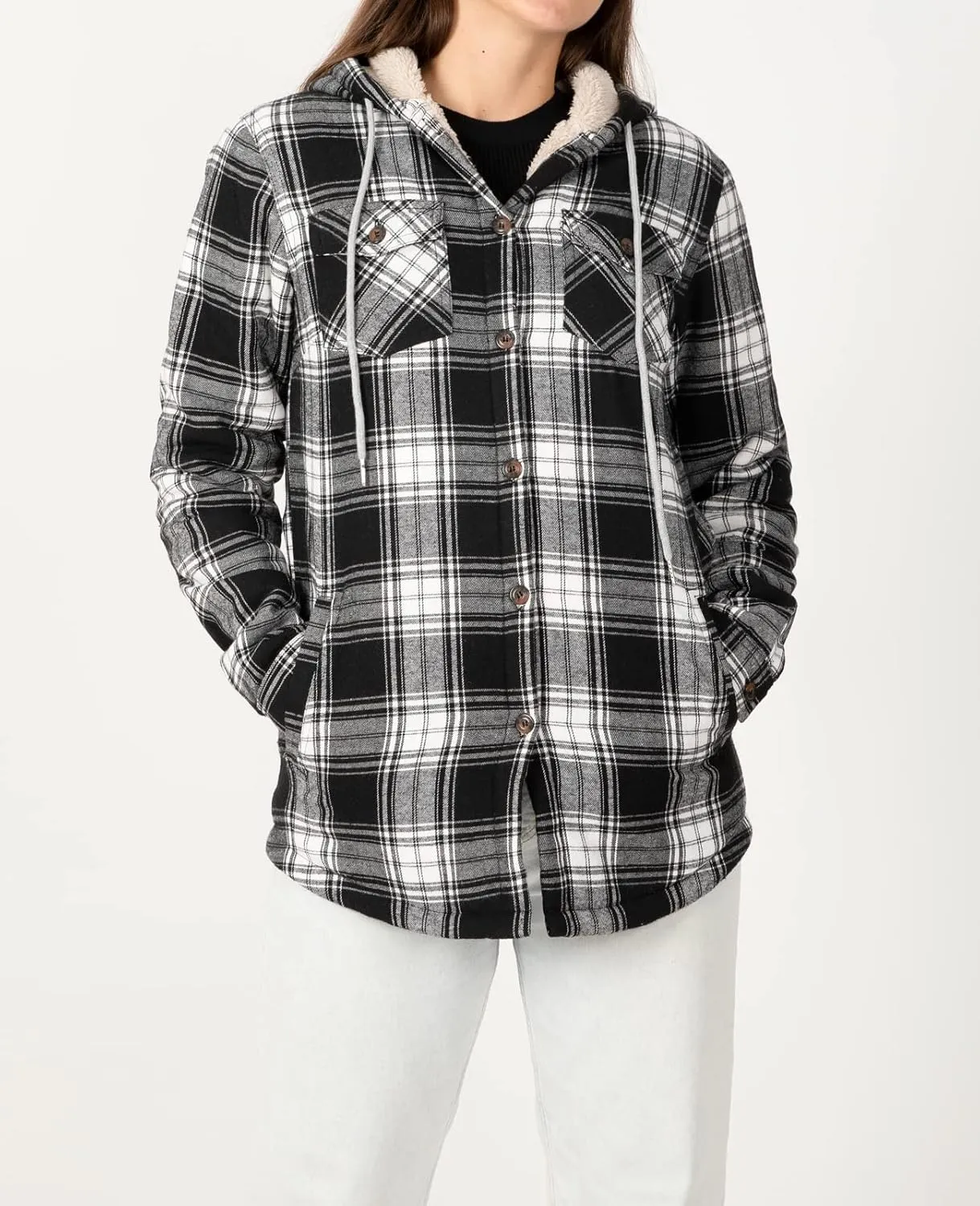 ZENTHACE Women's Sherpa Lined Plaid Flannel Jacket Button Down Hooded Flannel Shirt Jacket Warm Shacket(All Sherpa Lining)