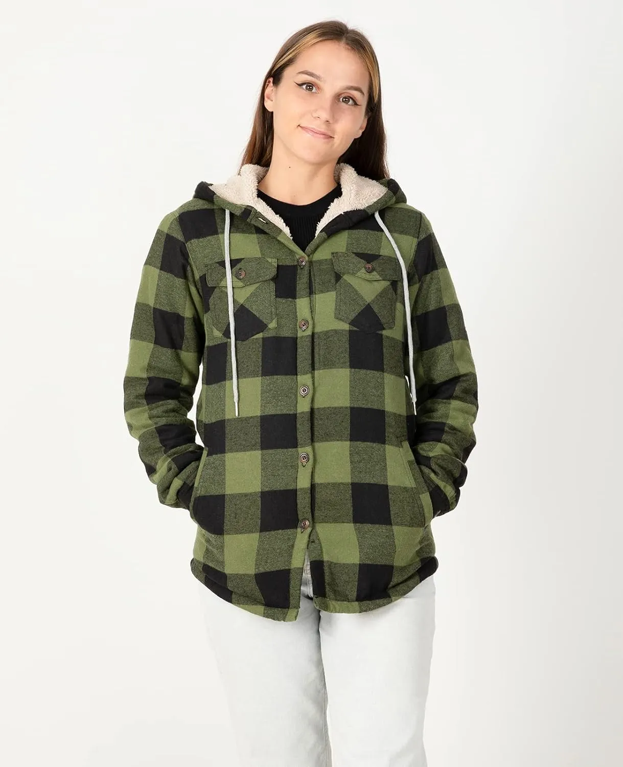 ZENTHACE Women's Sherpa Lined Plaid Flannel Jacket Button Down Hooded Flannel Shirt Jacket Warm Shacket(All Sherpa Lining)