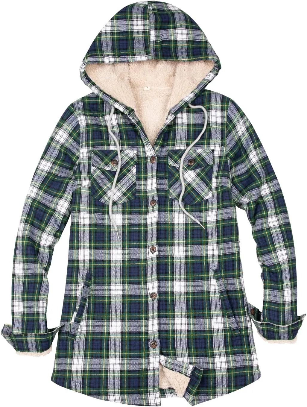 ZENTHACE Women's Sherpa Lined Plaid Flannel Jacket Button Down Hooded Flannel Shirt Jacket Warm Shacket(All Sherpa Lining)