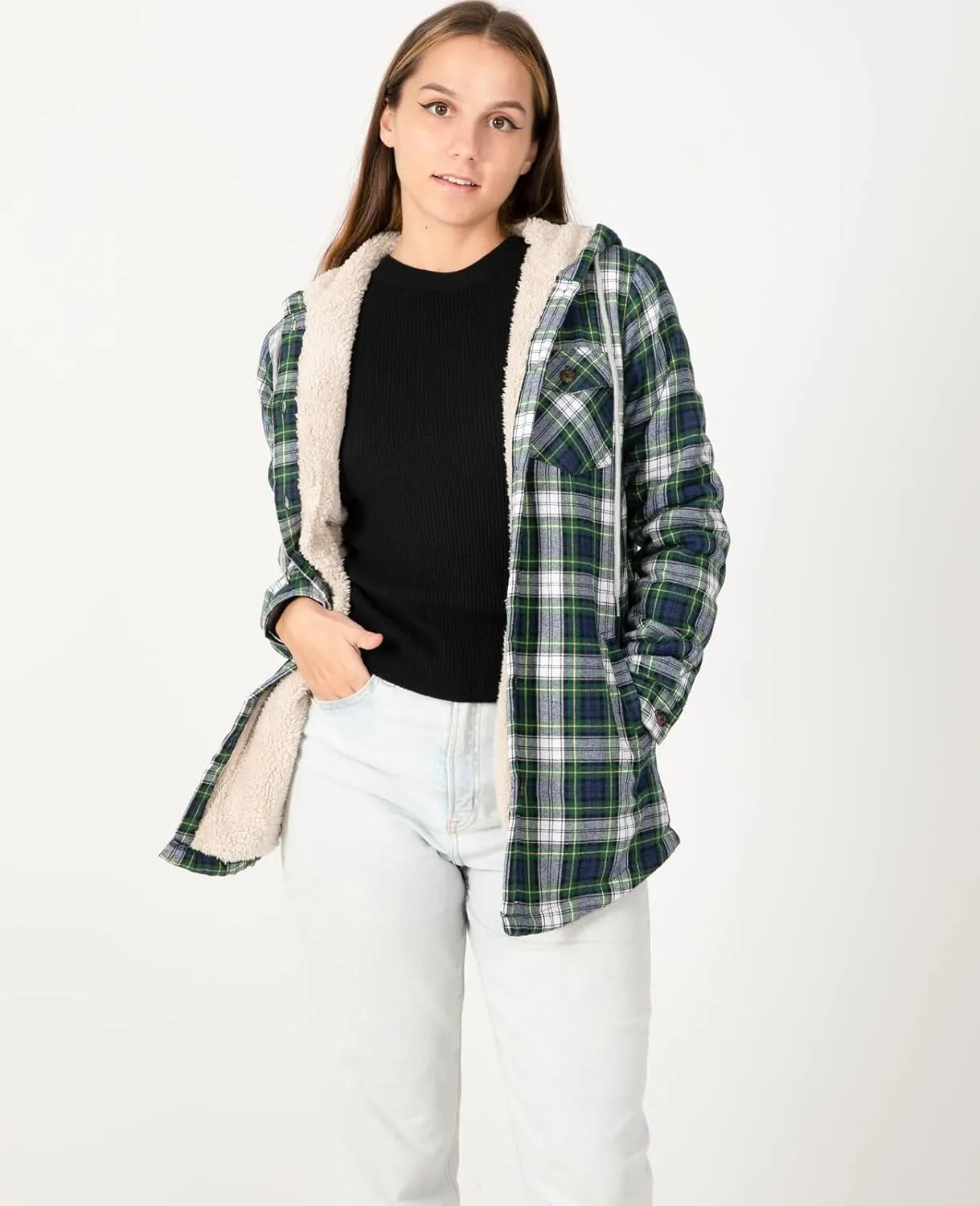 ZENTHACE Women's Sherpa Lined Plaid Flannel Jacket Button Down Hooded Flannel Shirt Jacket Warm Shacket(All Sherpa Lining)