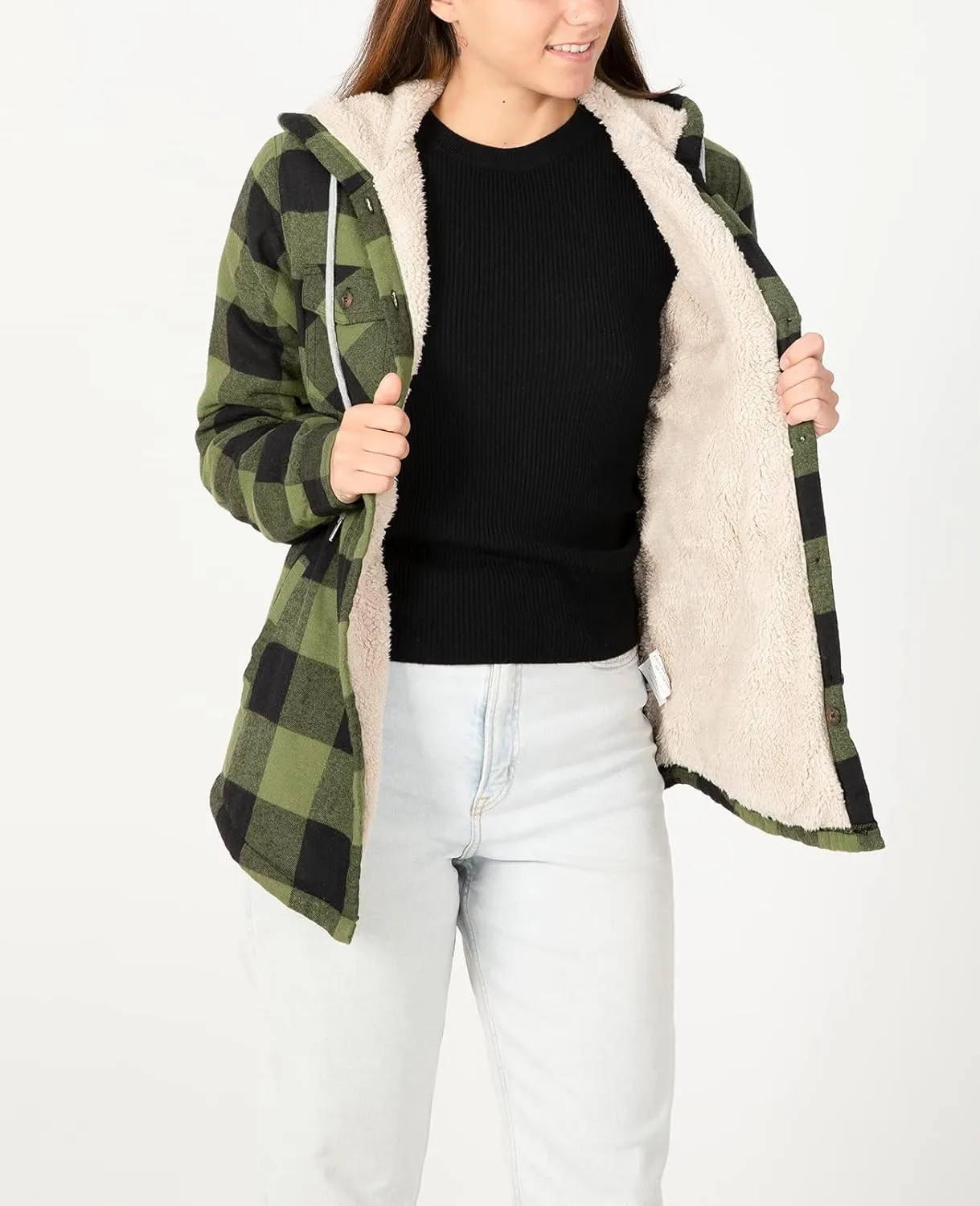 ZENTHACE Women's Sherpa Lined Plaid Flannel Jacket Button Down Hooded Flannel Shirt Jacket Warm Shacket(All Sherpa Lining)