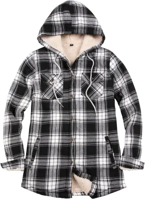 ZENTHACE Women's Sherpa Lined Plaid Flannel Jacket Button Down Hooded Flannel Shirt Jacket Warm Shacket(All Sherpa Lining)