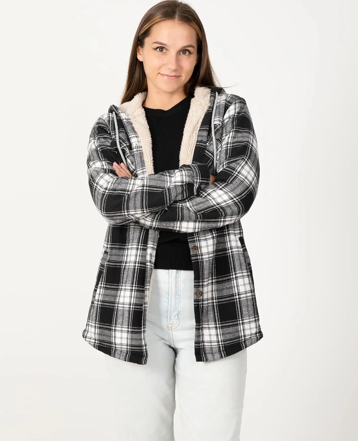ZENTHACE Women's Sherpa Lined Plaid Flannel Jacket Button Down Hooded Flannel Shirt Jacket Warm Shacket(All Sherpa Lining)