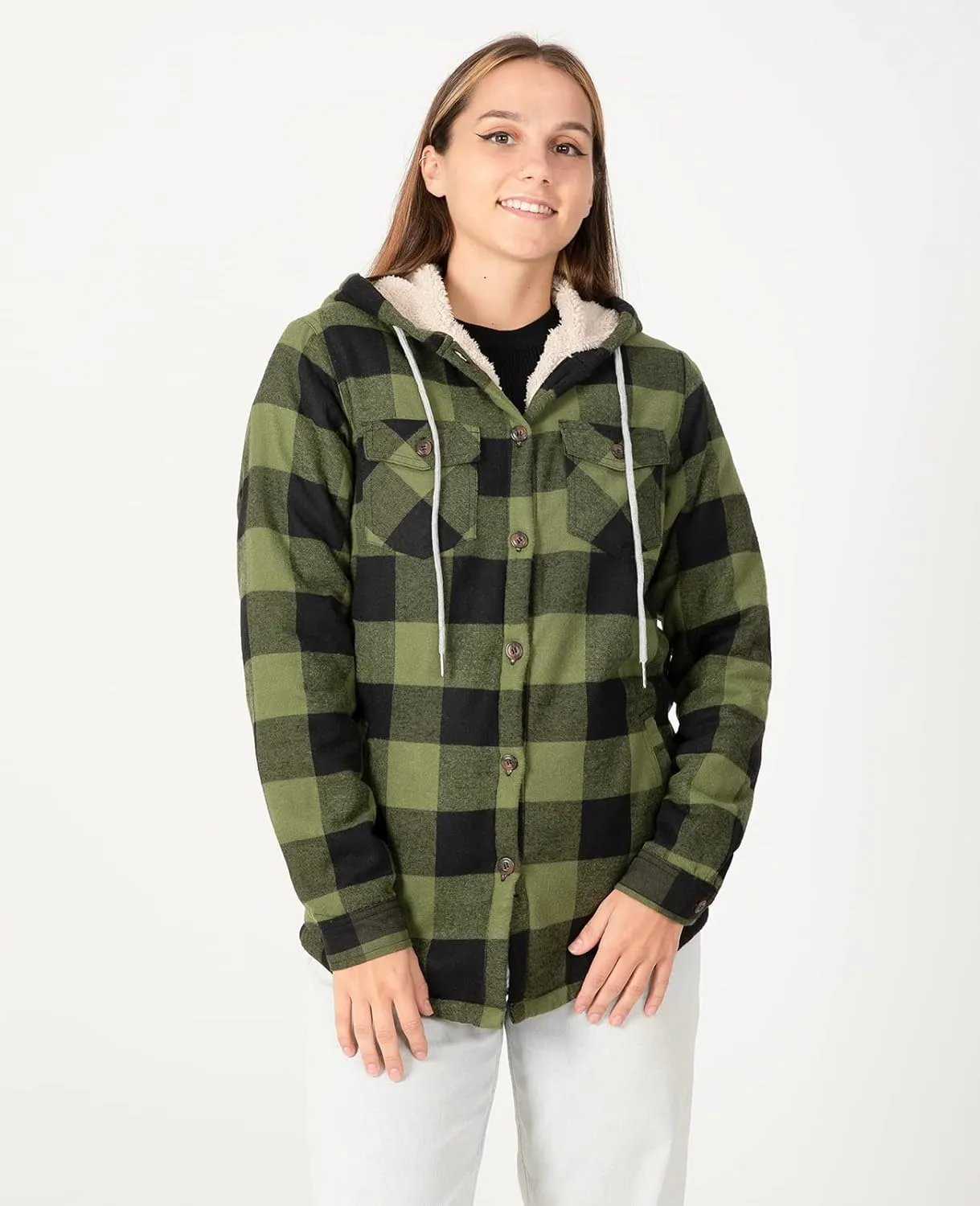 ZENTHACE Women's Sherpa Lined Plaid Flannel Jacket Button Down Hooded Flannel Shirt Jacket Warm Shacket(All Sherpa Lining)