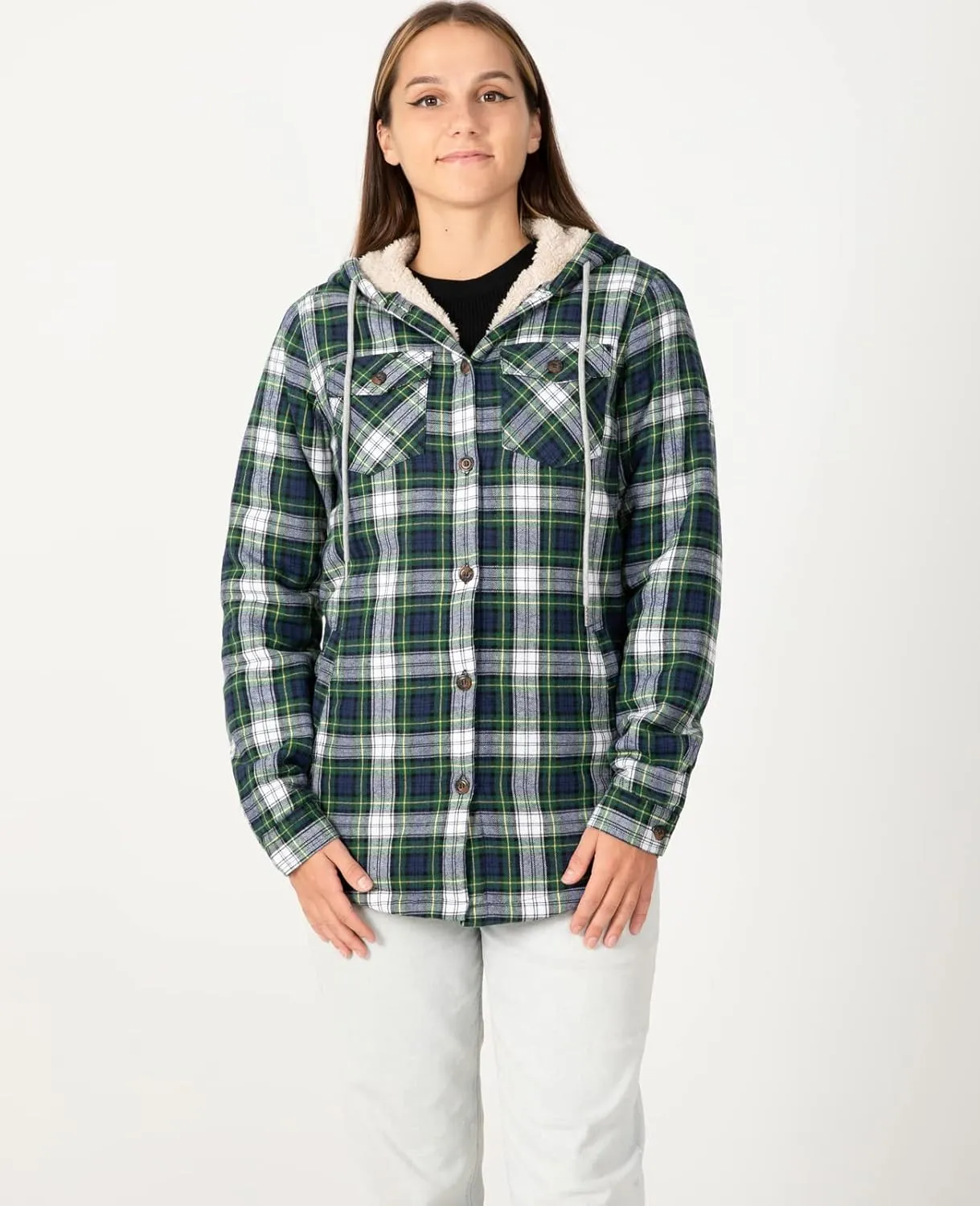 ZENTHACE Women's Sherpa Lined Plaid Flannel Jacket Button Down Hooded Flannel Shirt Jacket Warm Shacket(All Sherpa Lining)