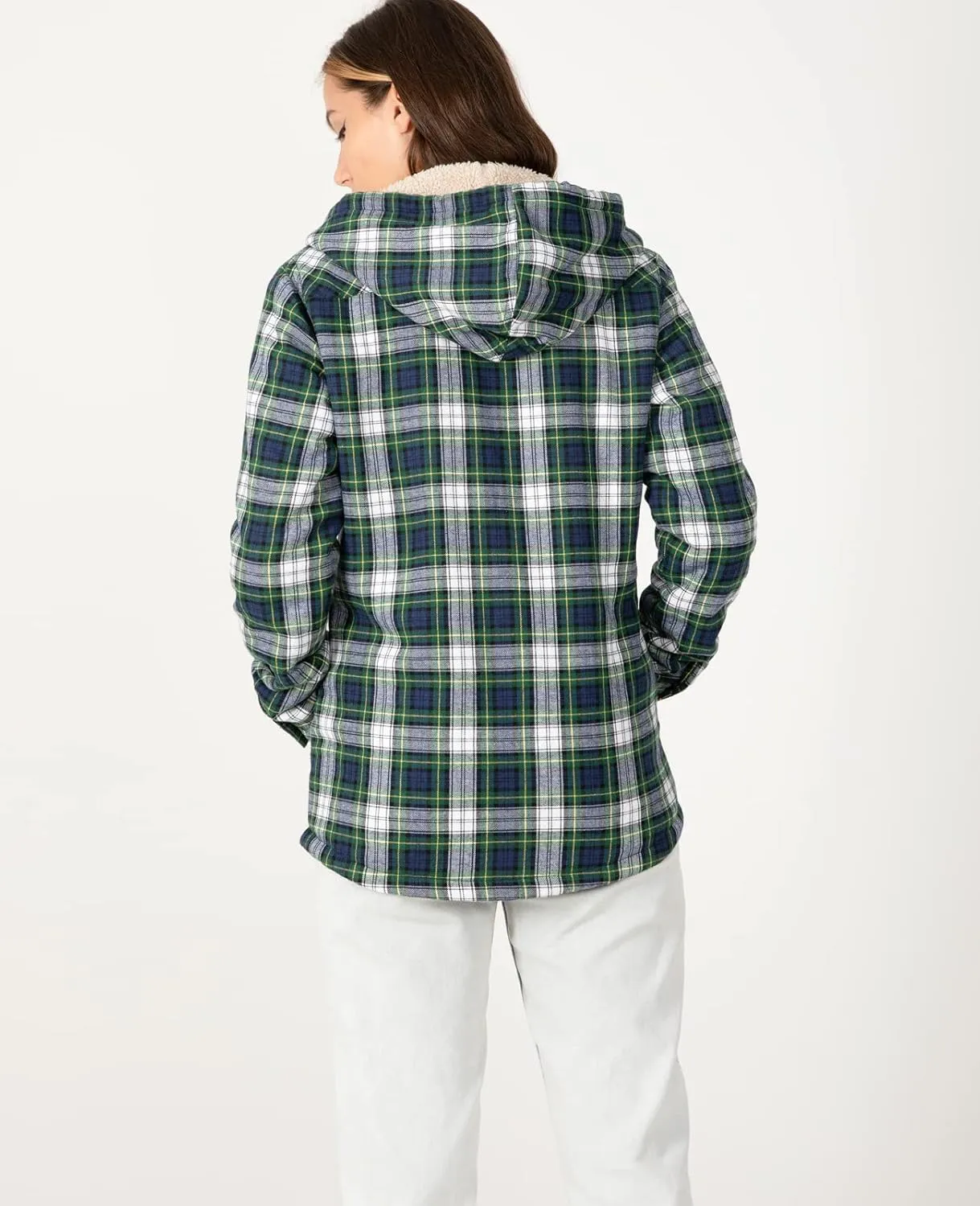 ZENTHACE Women's Sherpa Lined Plaid Flannel Jacket Button Down Hooded Flannel Shirt Jacket Warm Shacket(All Sherpa Lining)