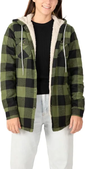 ZENTHACE Women's Sherpa Lined Plaid Flannel Jacket Button Down Hooded Flannel Shirt Jacket Warm Shacket(All Sherpa Lining)