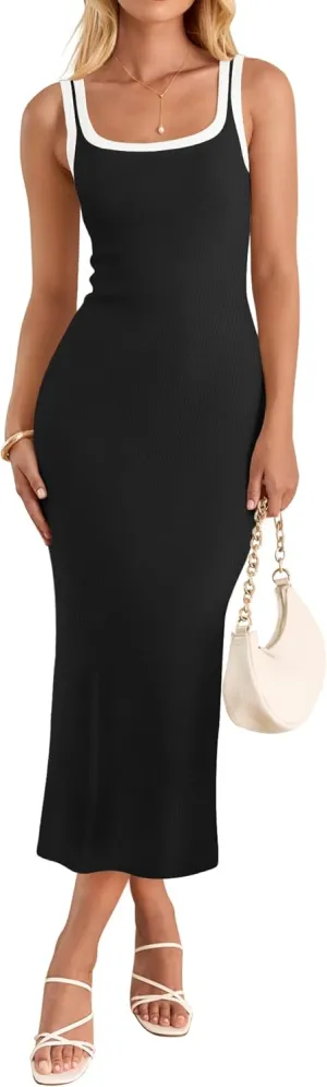ZESICA Women's 2025 Summer Bodycon Midi Dress Casual Sleeveless Square Neck Side Slit Knit Vacation Long Dresses